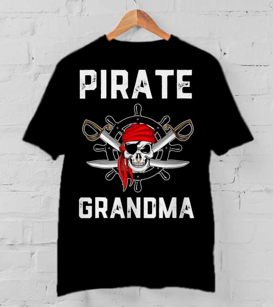 Pirate Grandma Skull With Red Bandana And Crossed Swords T-Shirt