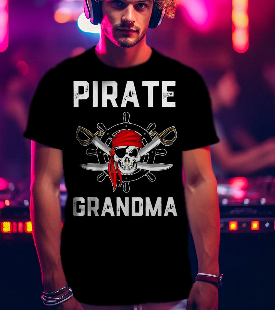 Pirate Grandma Skull With Red Bandana And Crossed Swords T-Shirt