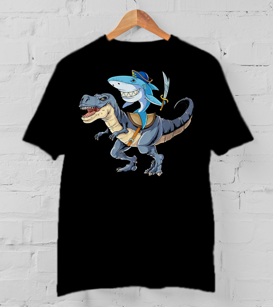 Shark Riding Dinosaur Rex Pirate With Sword T-Shirt