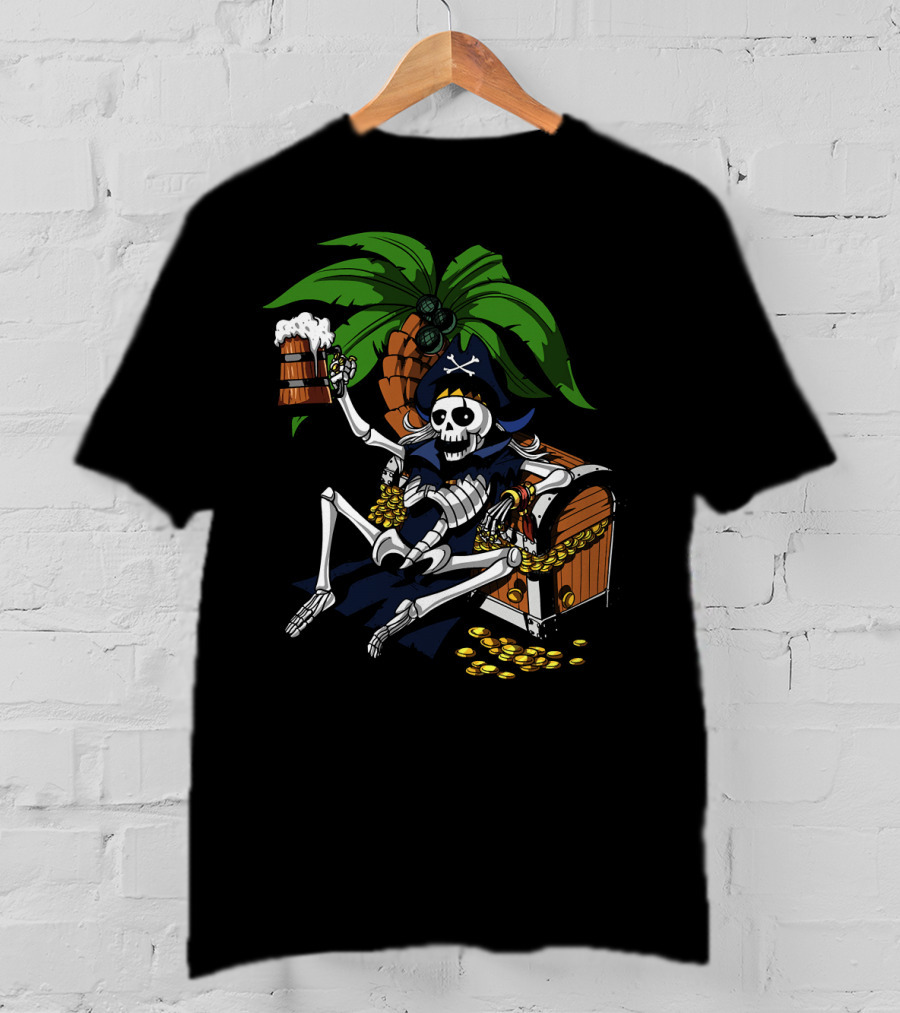 Skeleton Pirate Toasting With Treasure Chest Palm Tree Scene T-Shirt