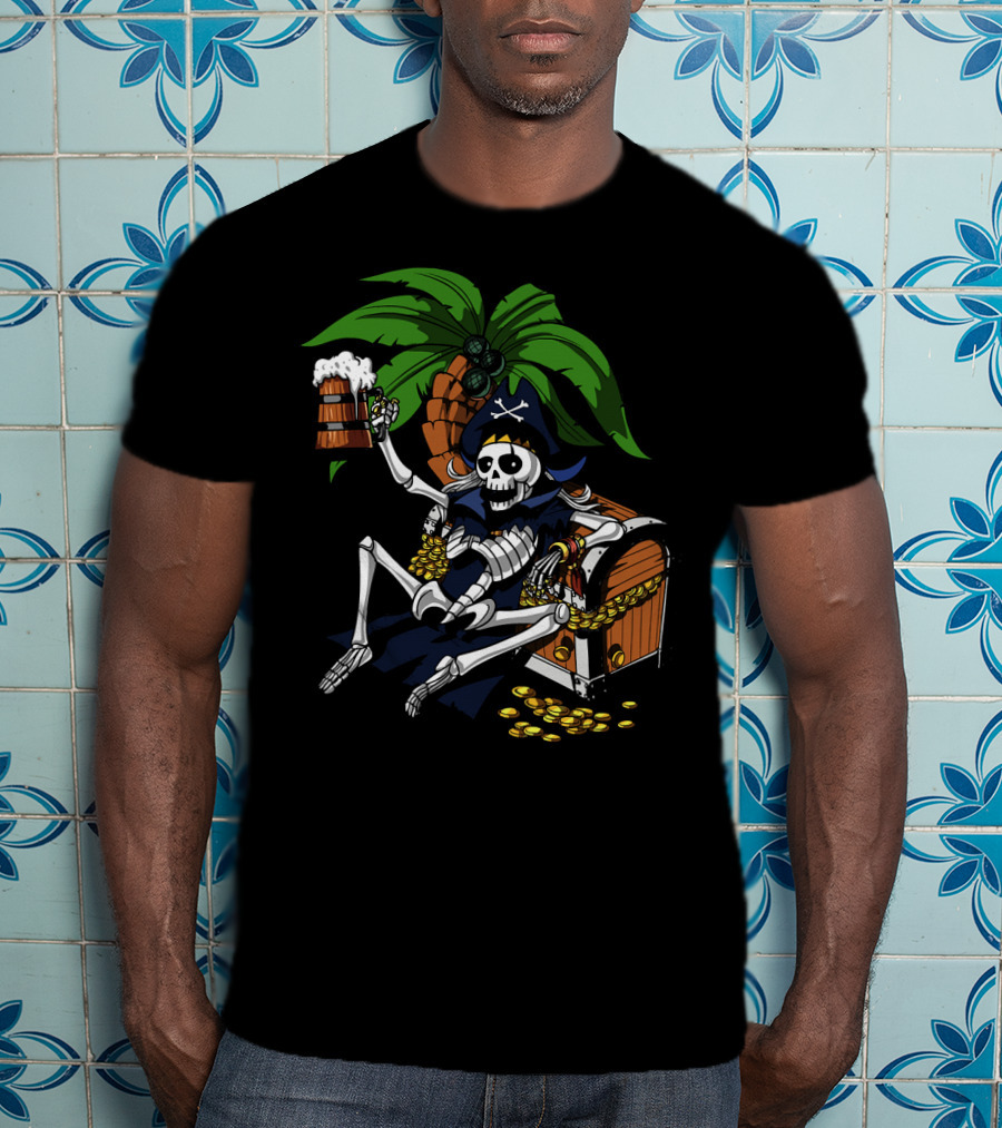 Skeleton Pirate Toasting With Treasure Chest Palm Tree Scene T-Shirt