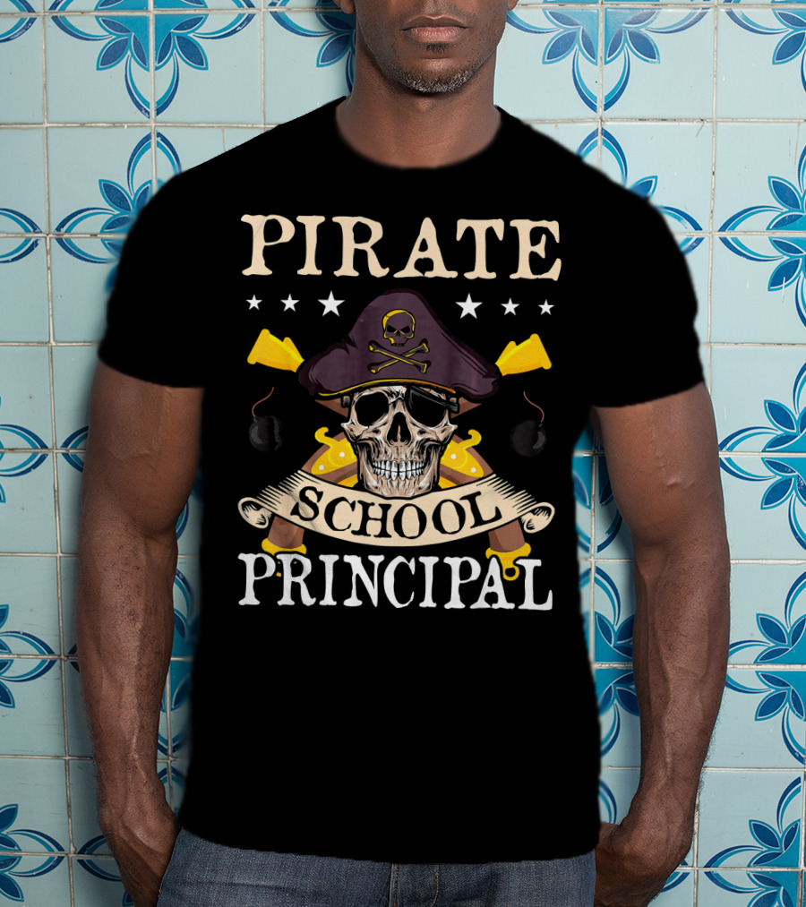 Pirate Skull Crossbones Hat School Principal Banner Swords Bombs T-Shirt