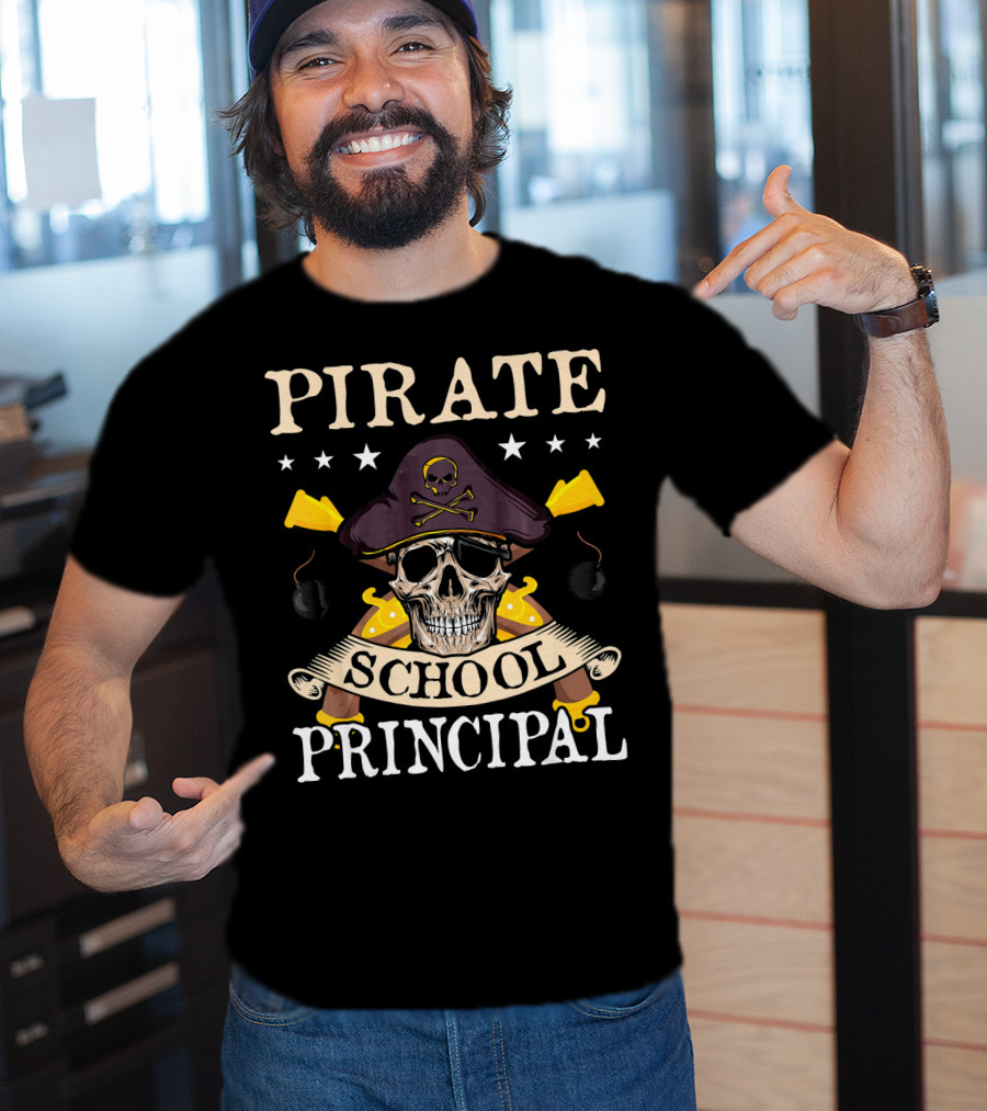 Pirate Skull Crossbones Hat School Principal Banner Swords Bombs T-Shirt