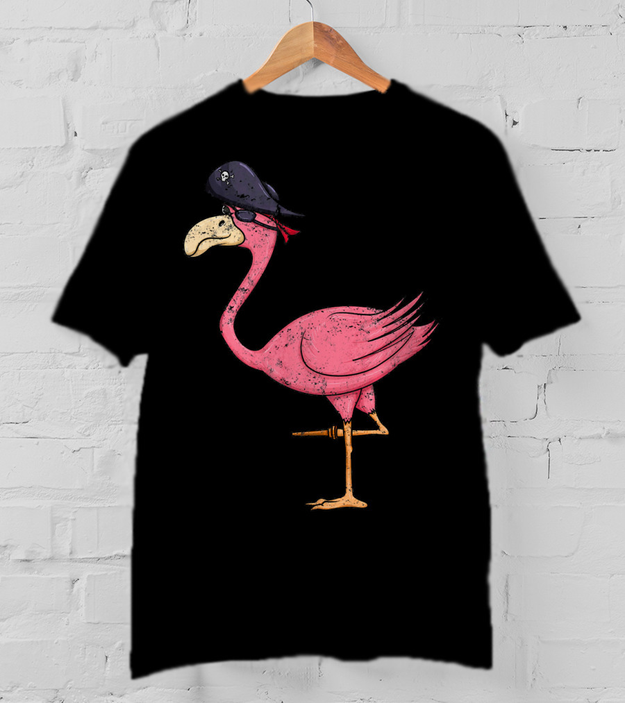 Vintage Pink Flamingo Pirate With Eyepatch And Skull Hat T-Shirt