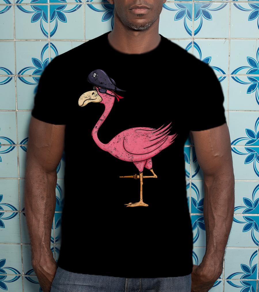Vintage Pink Flamingo Pirate With Eyepatch And Skull Hat T-Shirt