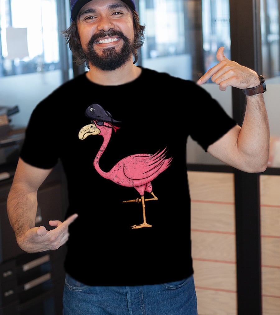 Vintage Pink Flamingo Pirate With Eyepatch And Skull Hat T-Shirt