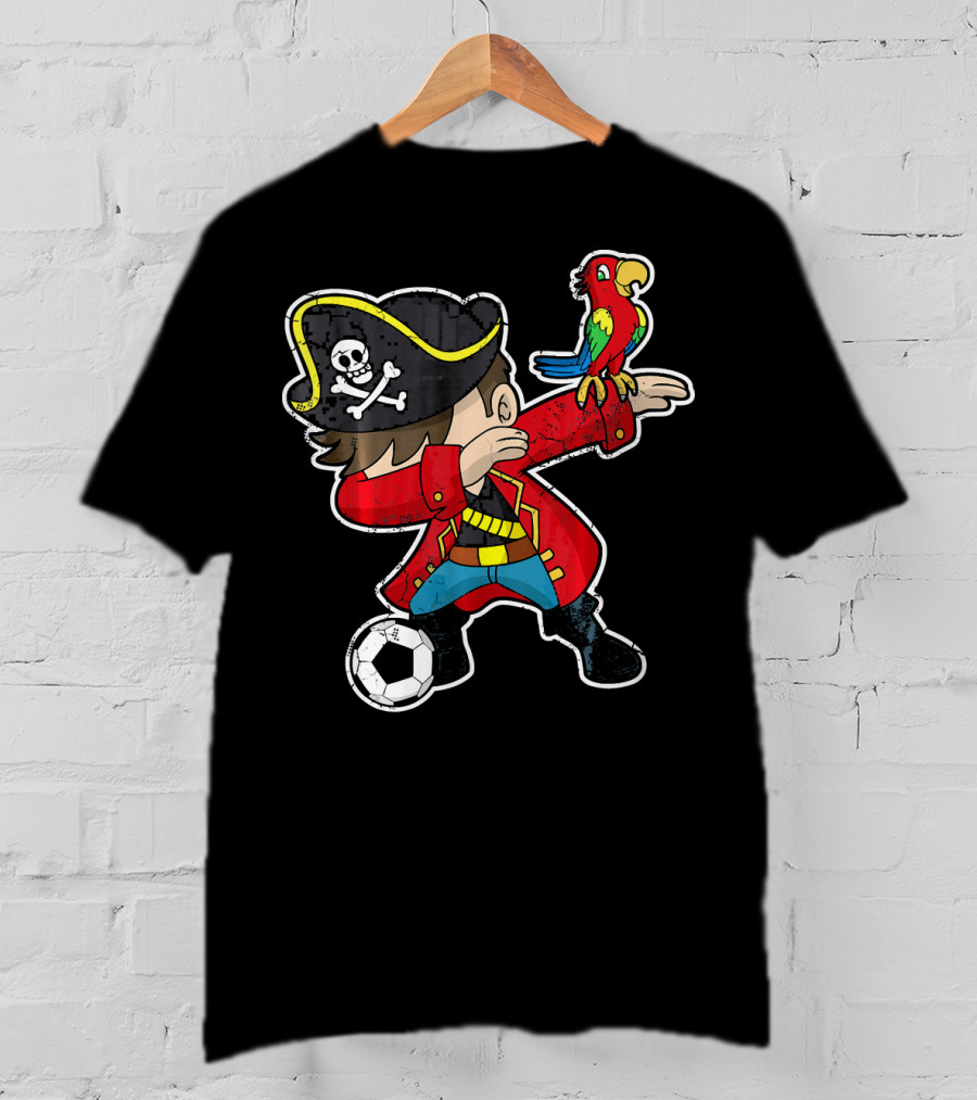 Dabbing Soccer Pirate With Parrot And Skull Hat T-Shirt