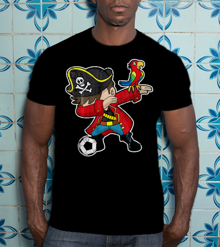 Dabbing Soccer Pirate With Parrot And Skull Hat T-Shirt