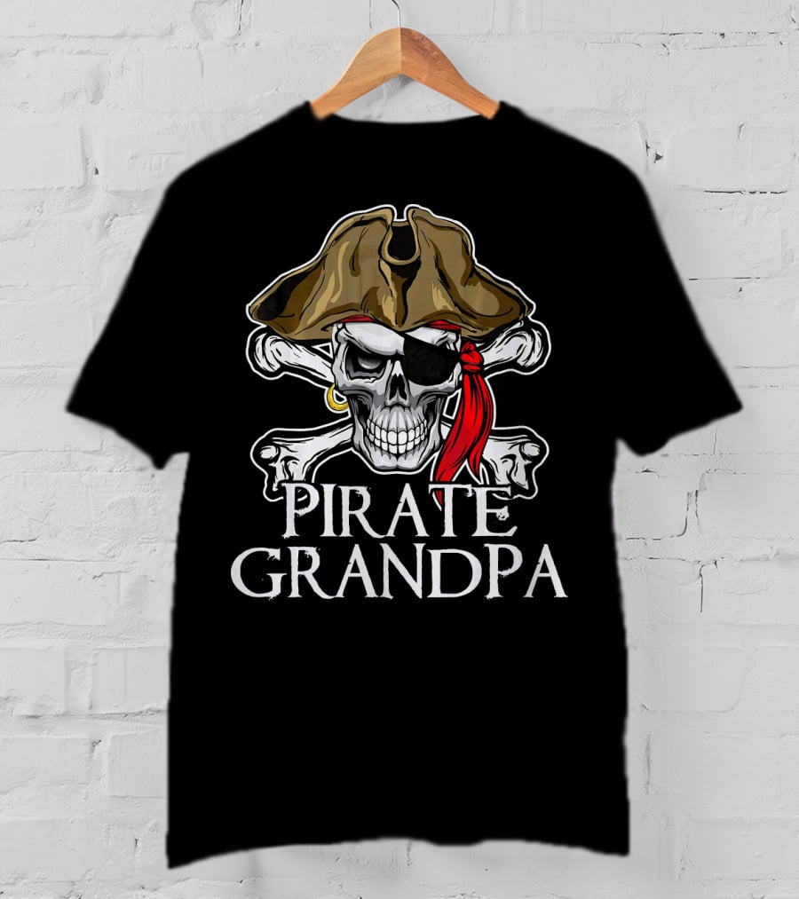 Pirate Grandpa Skull Crossbones Hat Eye Patch Red Bandana T-Shirt