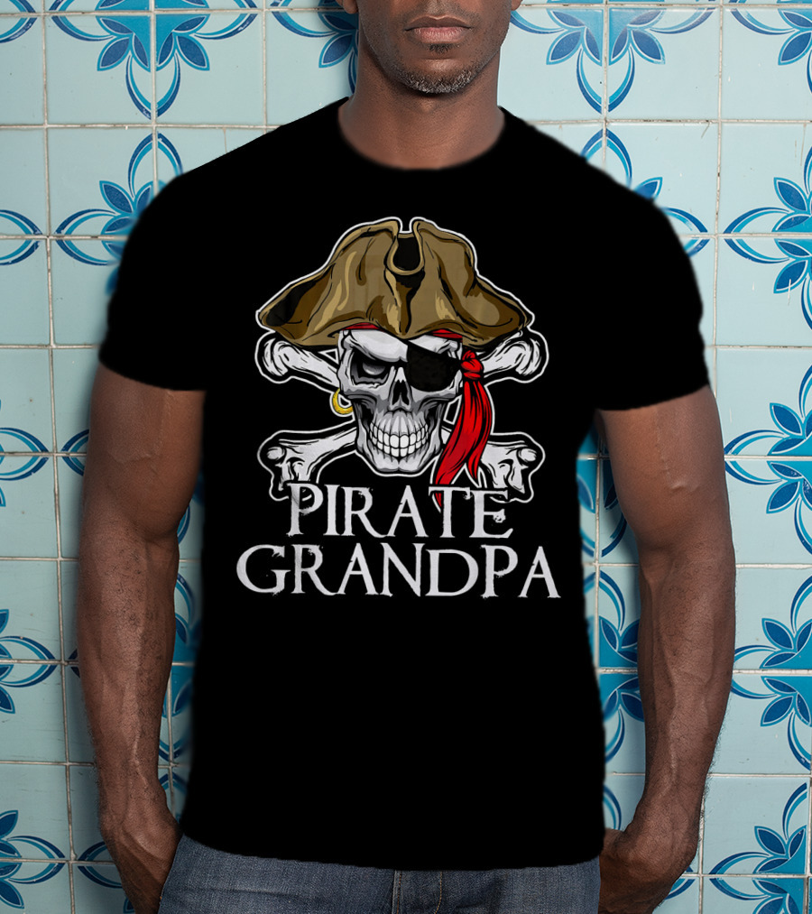 Pirate Grandpa Skull Crossbones Hat Eye Patch Red Bandana T-Shirt