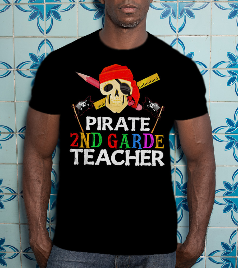 Pirate 2nd Grade Teacher Skull Ruler Swords Red Bandana T-Shirt