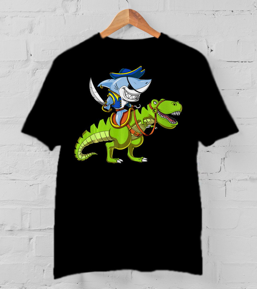Shark Pirate On T-Rex Dinosaur T-Shirt
