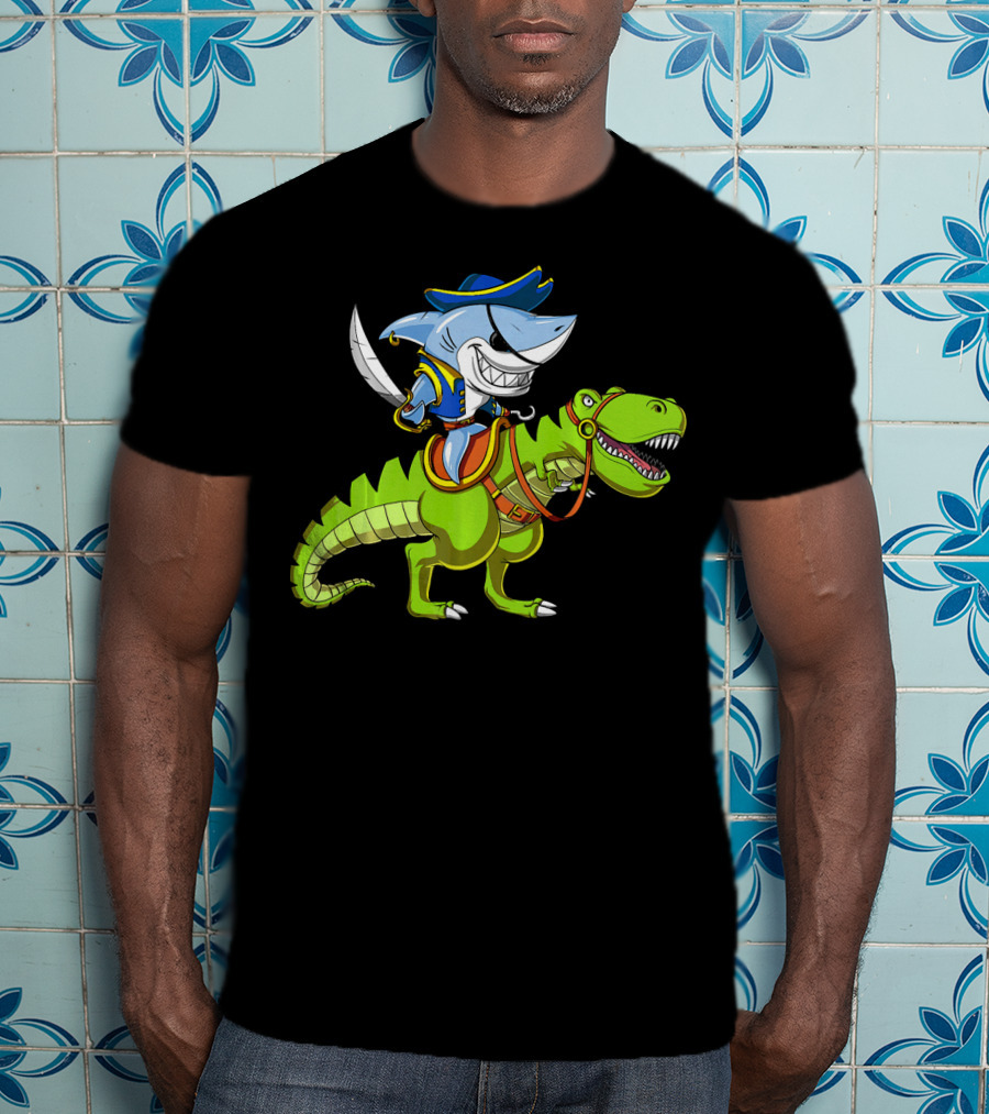 Shark Pirate On T-Rex Dinosaur T-Shirt