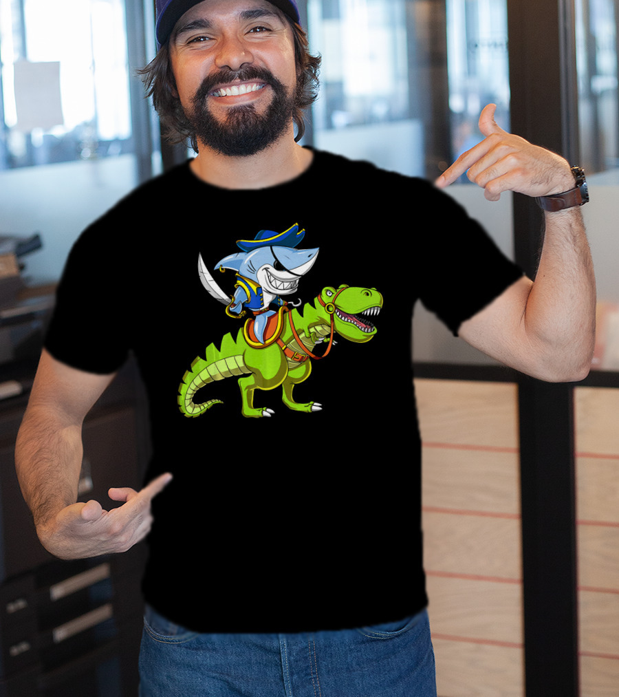 Shark Pirate On T-Rex Dinosaur T-Shirt
