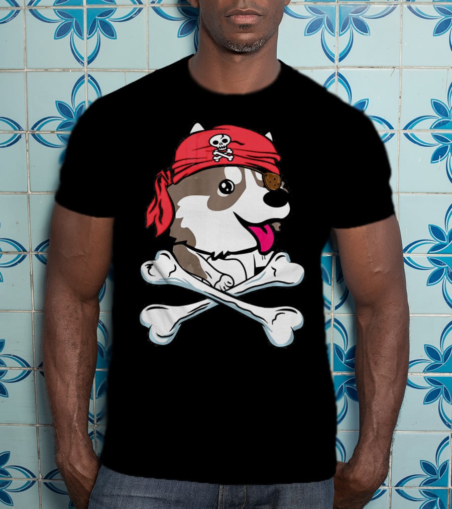 Husky Pirate Halloween Dog Crossbones Hat T-Shirt