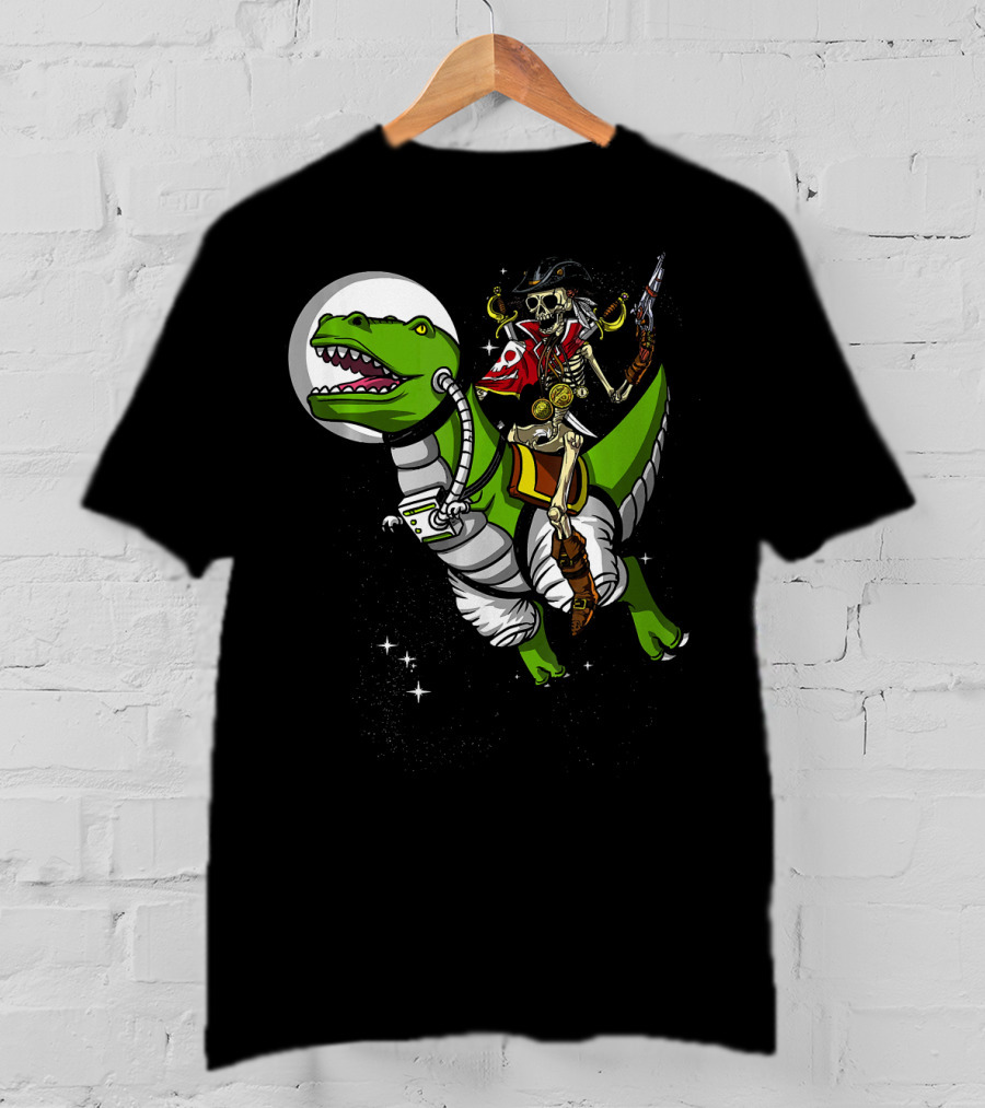 Skeleton Pirate Riding T-Rex Dinosaur With Spacesuit And Blaster T-Shirt