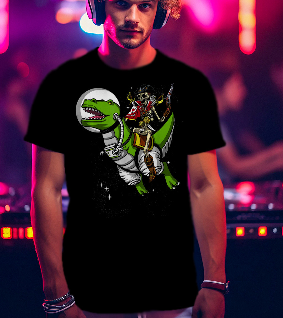 Skeleton Pirate Riding T-Rex Dinosaur With Spacesuit And Blaster T-Shirt