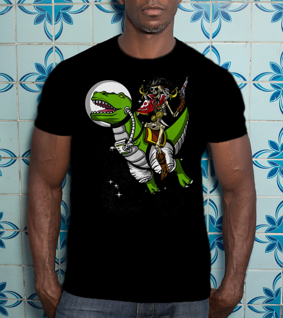 Skeleton Pirate Riding T-Rex Dinosaur With Spacesuit And Blaster T-Shirt