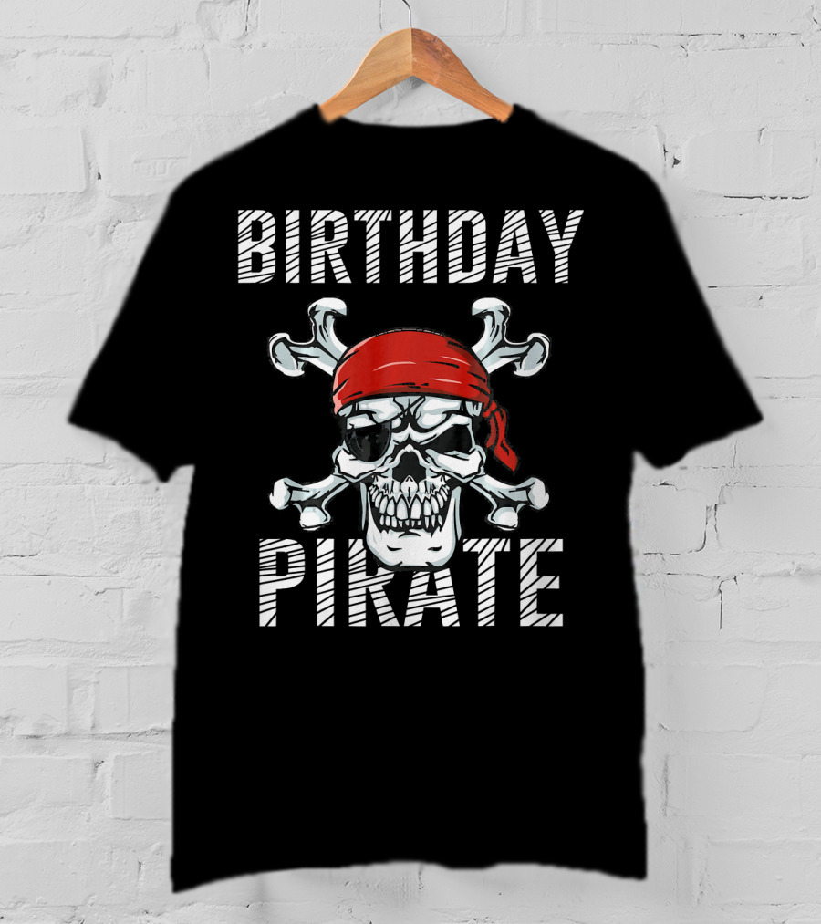 BIRTHDAY PIRATE Skull With Red Bandana And Crossbones T-Shirt