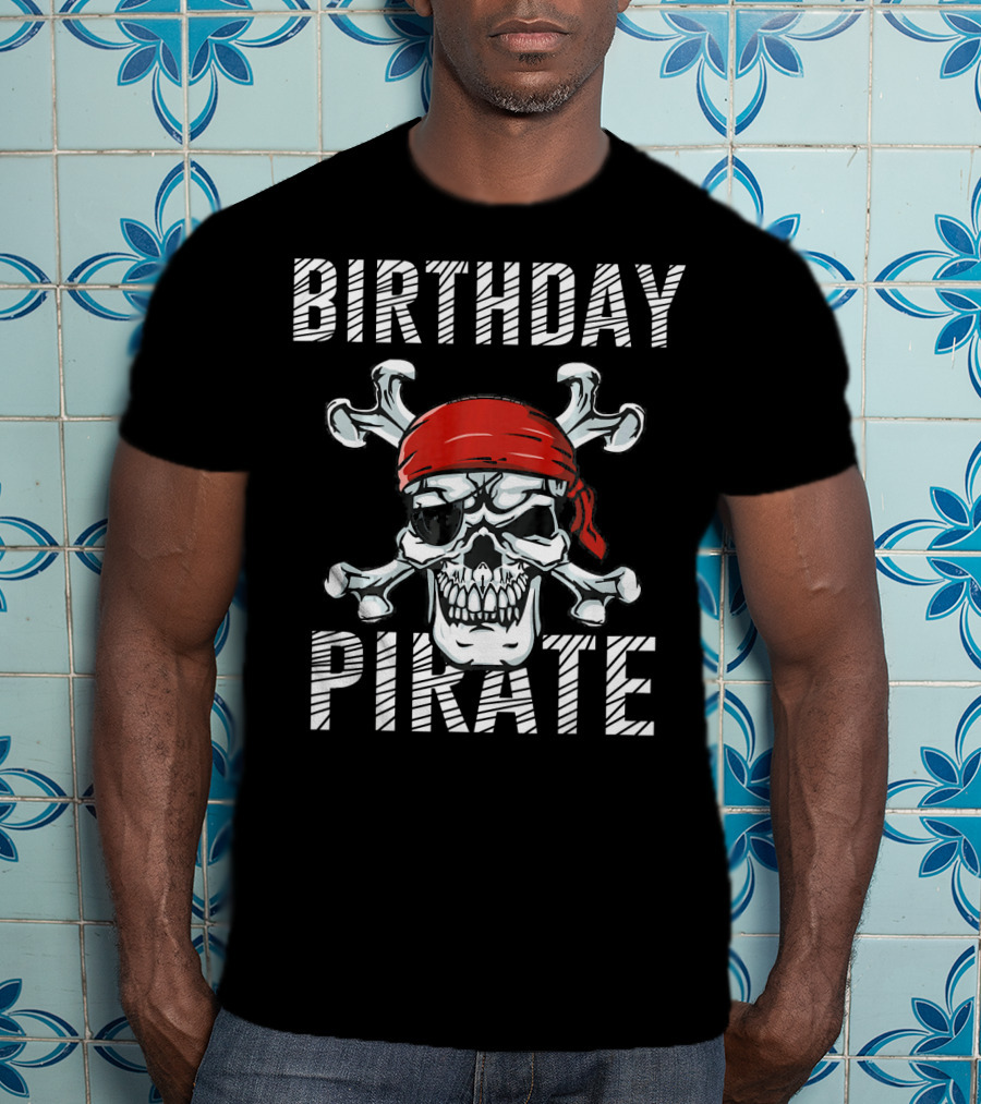 BIRTHDAY PIRATE Skull With Red Bandana And Crossbones T-Shirt