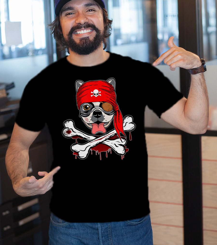 Funny Pirate French Bulldog With Skull Bandana And Crossbones T-Shirt