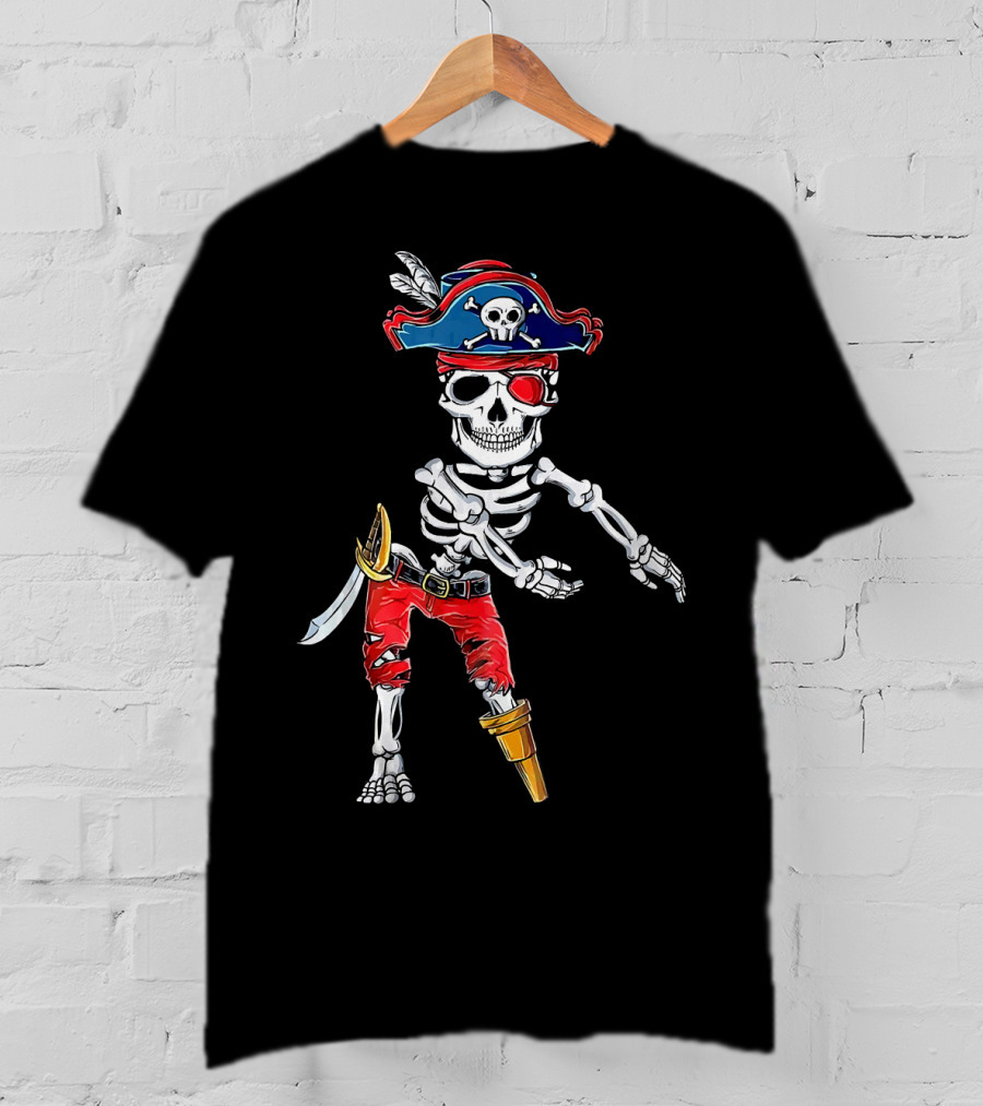 Pirate Skeleton Flossing Dance Red Pants Skull Hat Eyepatch Sword T-Shirt