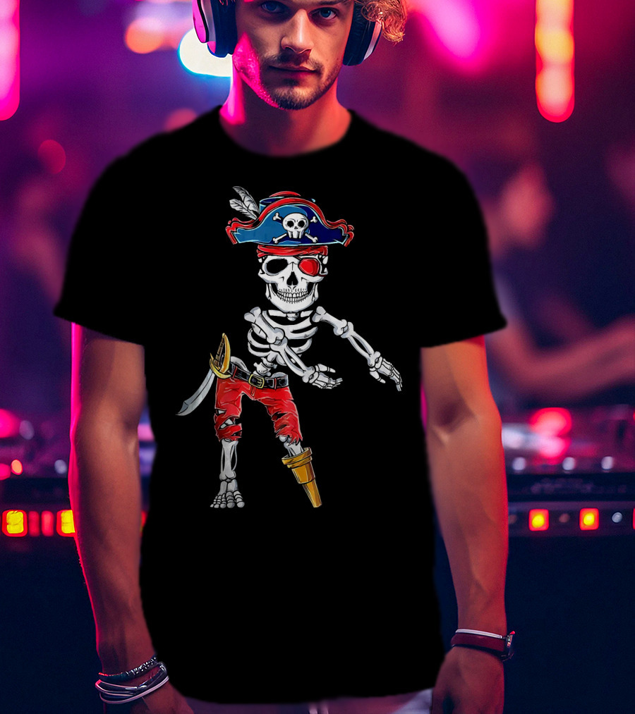 Pirate Skeleton Flossing Dance Red Pants Skull Hat Eyepatch Sword T-Shirt