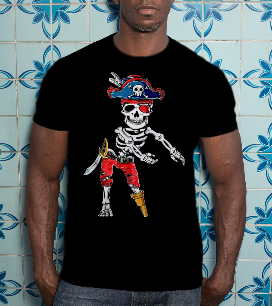 Pirate Skeleton Flossing Dance Red Pants Skull Hat Eyepatch Sword T-Shirt