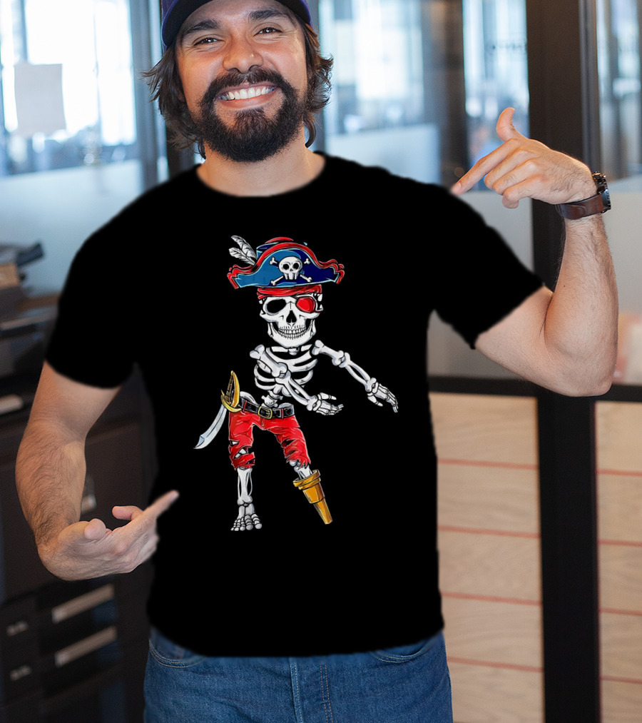 Pirate Skeleton Flossing Dance Red Pants Skull Hat Eyepatch Sword T-Shirt