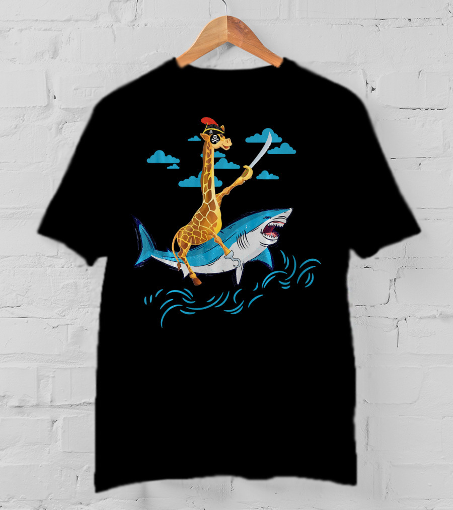 Giraffe Pirate Riding Shark With Sword Adventure T-Shirt