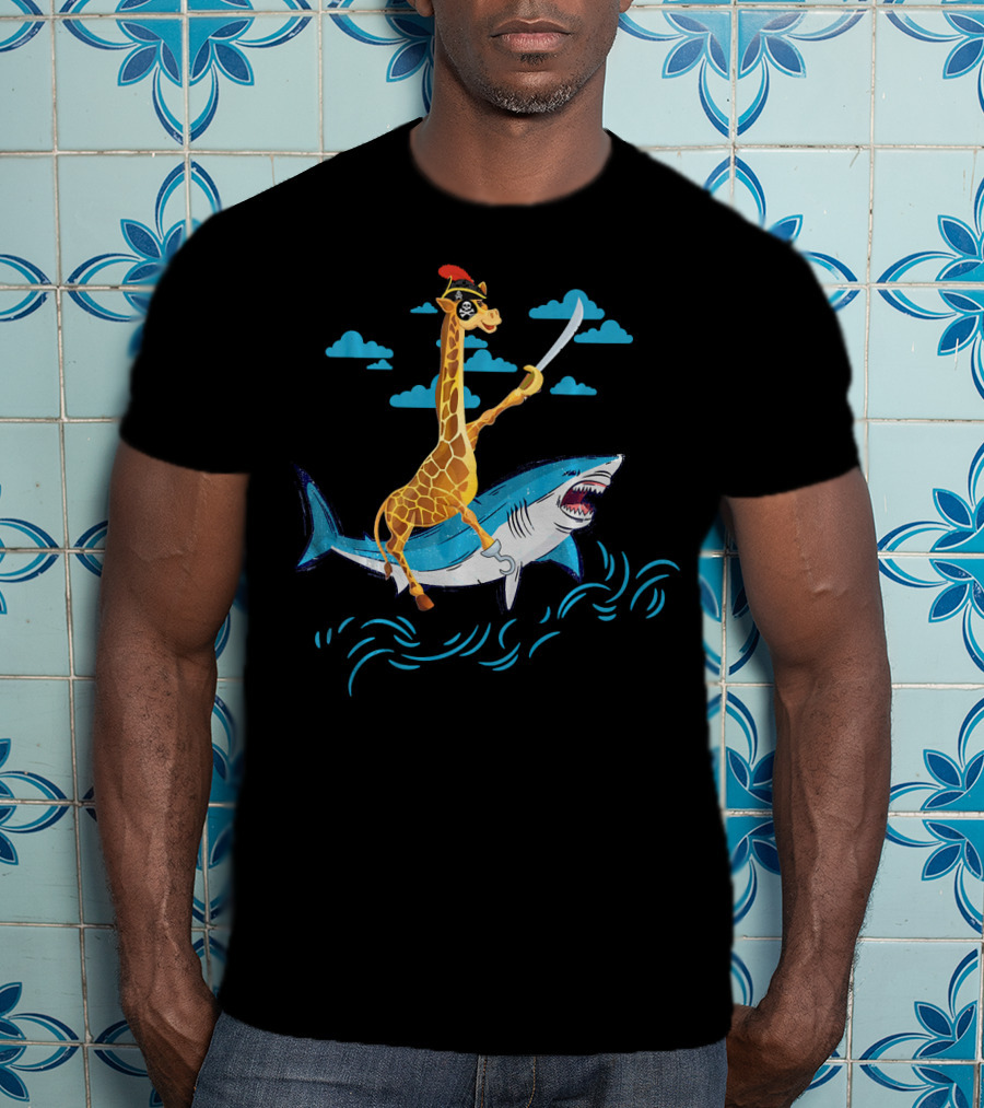 Giraffe Pirate Riding Shark With Sword Adventure T-Shirt