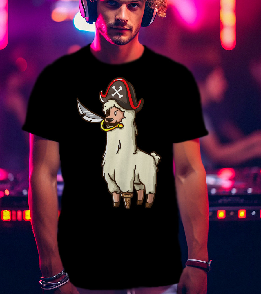 Pirate Llama With Hat And Sword Halloween Party T-Shirt