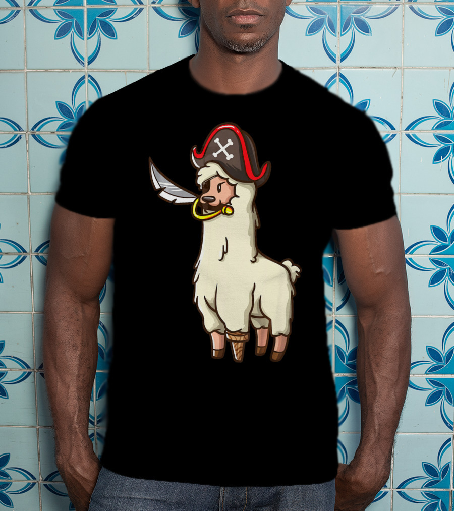 Pirate Llama With Hat And Sword Halloween Party T-Shirt