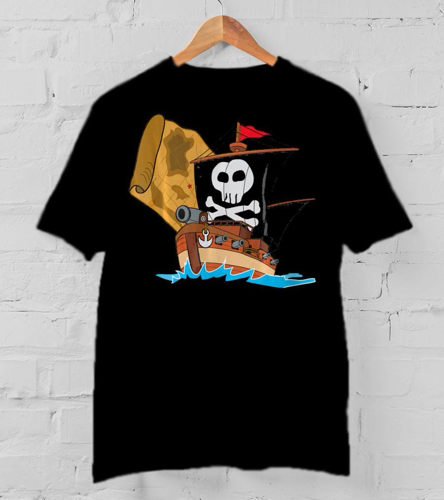Pirate Ship With Jolly Roger And Treasure Map T-Shirt