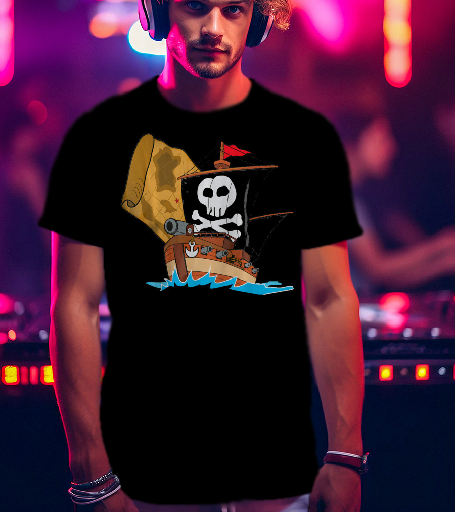 Pirate Ship With Jolly Roger And Treasure Map T-Shirt