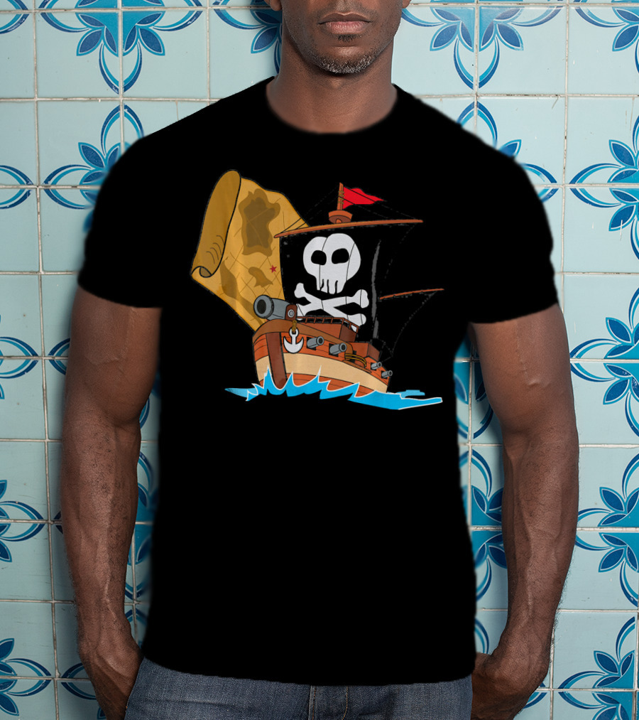 Pirate Ship With Jolly Roger And Treasure Map T-Shirt
