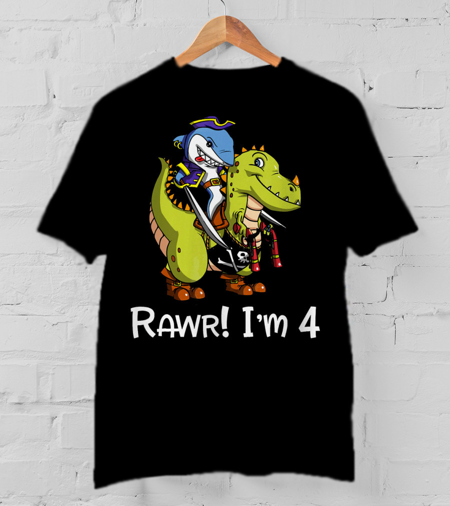 Rawr Dinosaur Shark Pirate Birthday Party I'm 4 T-Shirt