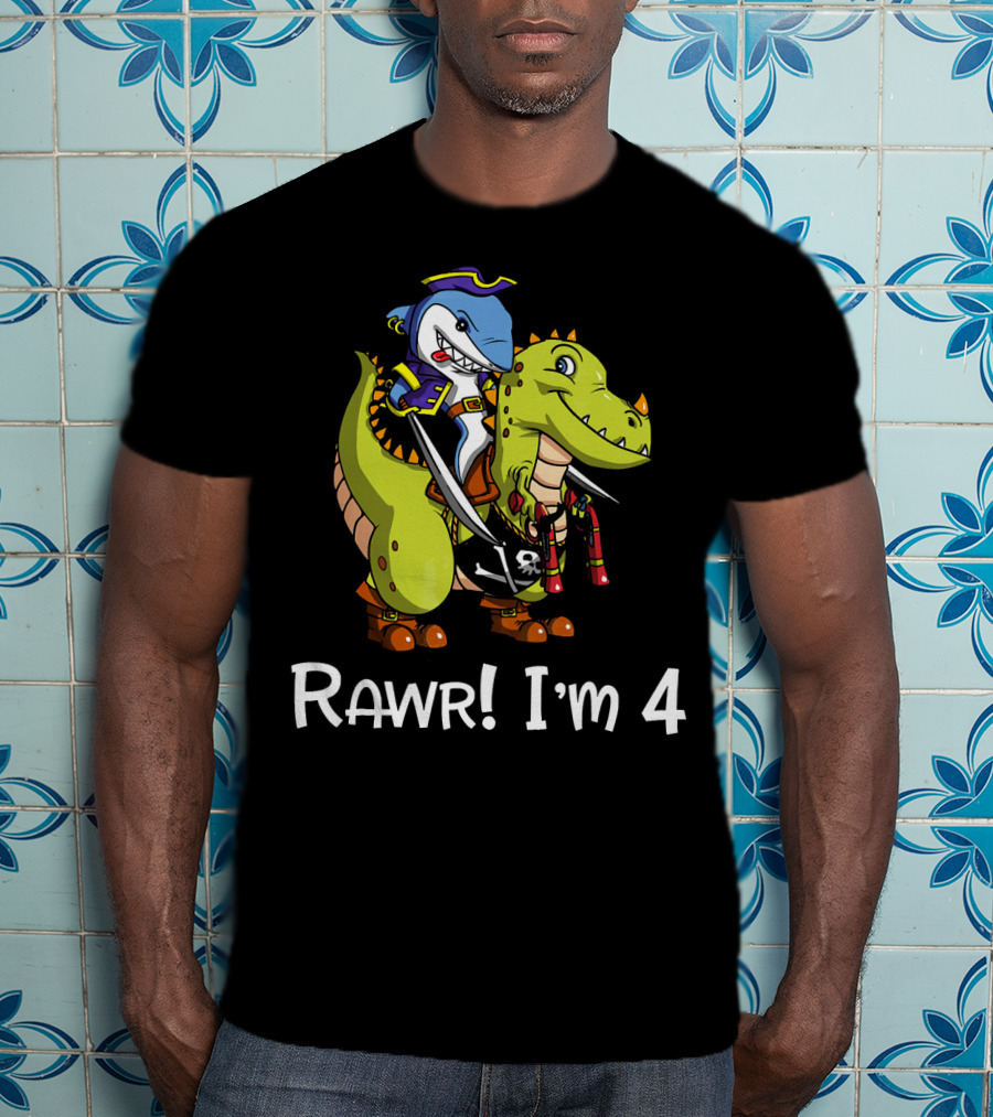 Rawr Dinosaur Shark Pirate Birthday Party I'm 4 T-Shirt