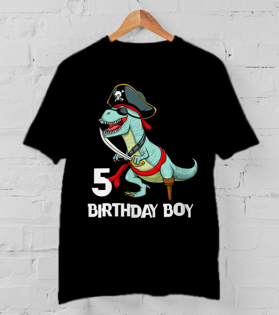 5 Birthday Boy Kids Pirate Dinosaur Rex Tyrannosaurus T-Shirt