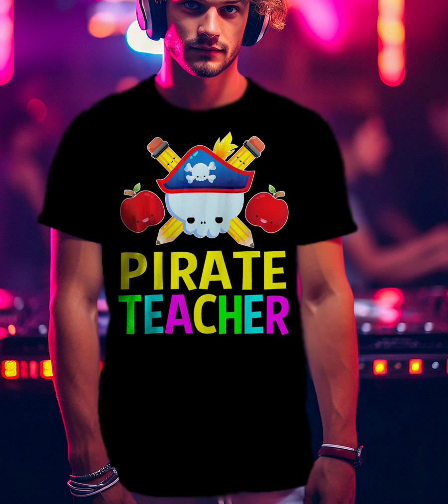 Pirate Teacher Halloween Costume Skull Pencils Apples T-Shirt