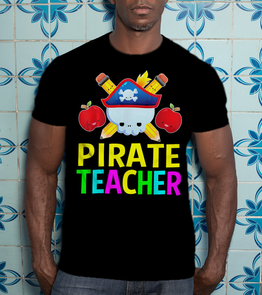 Pirate Teacher Halloween Costume Skull Pencils Apples T-Shirt
