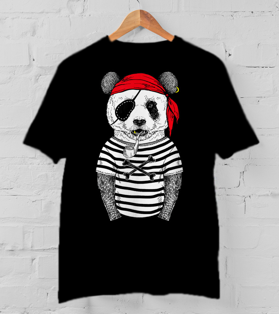 Panda Bear Pirate Wearing Striped Shirt With Red Bandana And Eye Patch T-Shirt