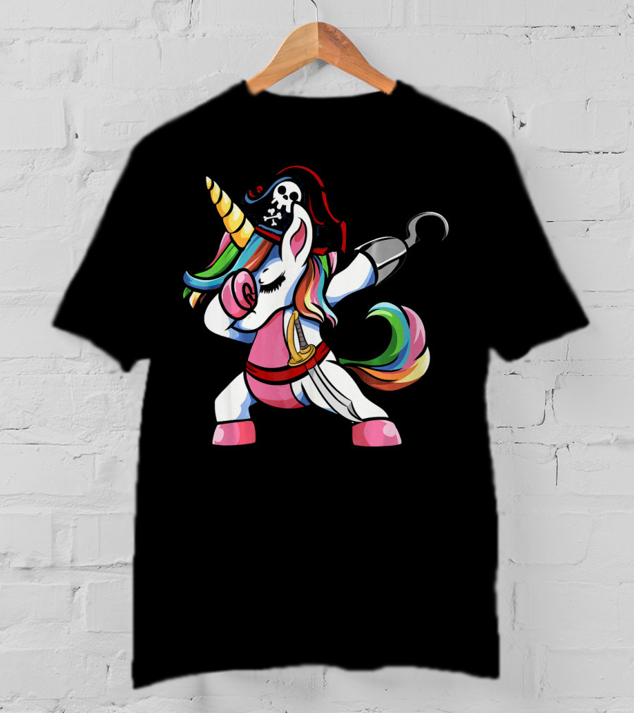 Halloween Dabbing Pirate Unicorn With Rainbow Mane And Hook T-Shirt