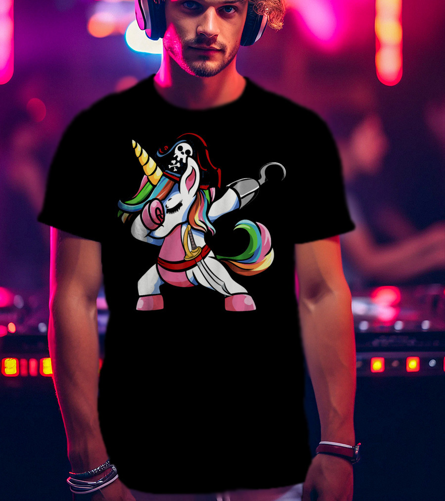 Halloween Dabbing Pirate Unicorn With Rainbow Mane And Hook T-Shirt