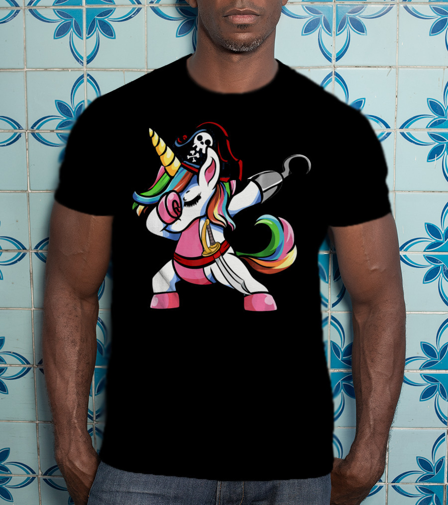 Halloween Dabbing Pirate Unicorn With Rainbow Mane And Hook T-Shirt