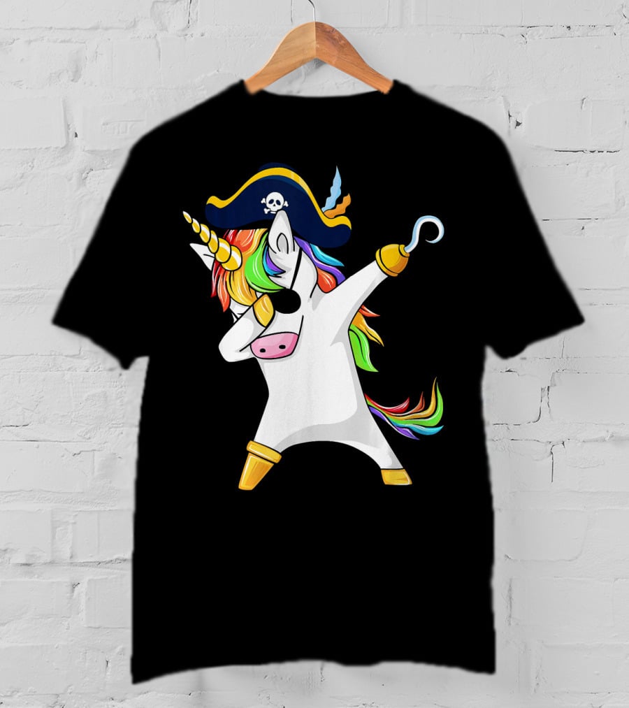 Funny Dabbing Unicorn Pirate With Rainbow Hair And Skull Hat T-Shirt