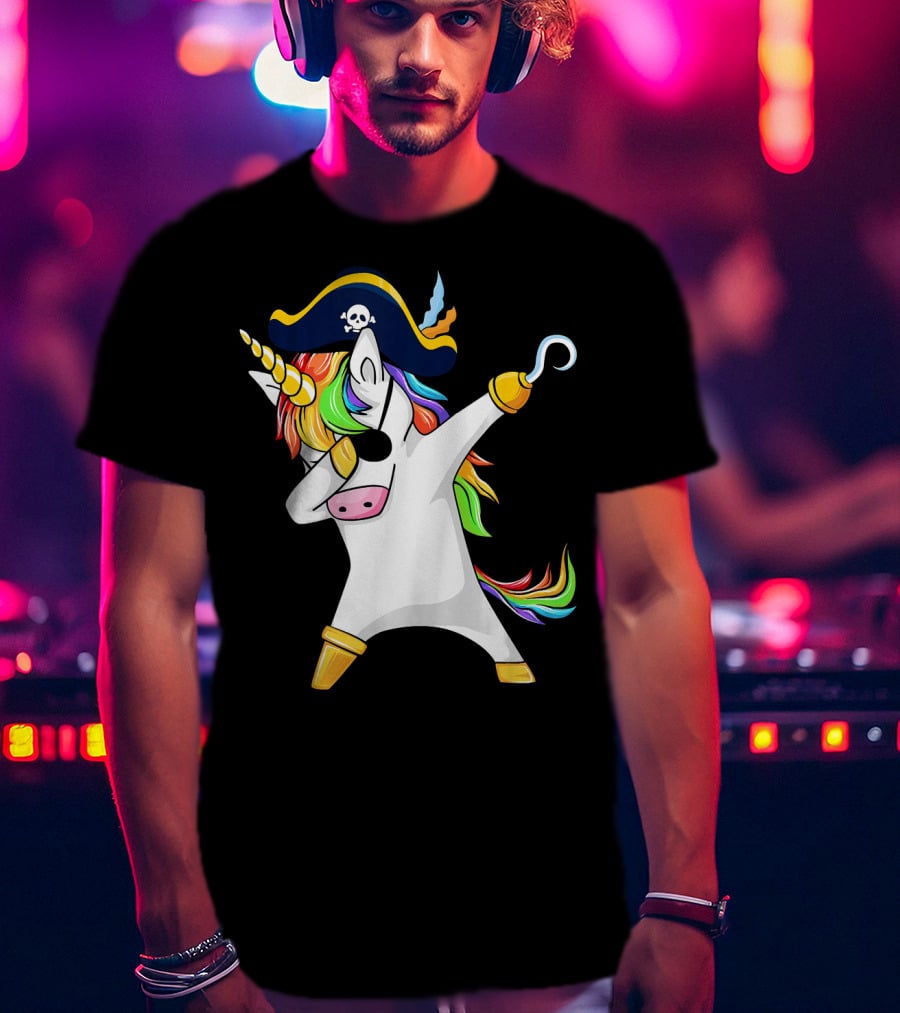 Funny Dabbing Unicorn Pirate With Rainbow Hair And Skull Hat T-Shirt