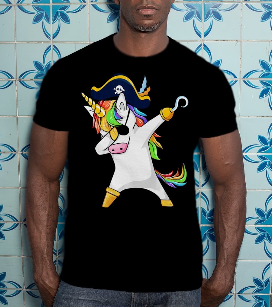 Funny Dabbing Unicorn Pirate With Rainbow Hair And Skull Hat T-Shirt