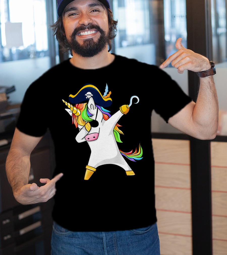 Funny Dabbing Unicorn Pirate With Rainbow Hair And Skull Hat T-Shirt