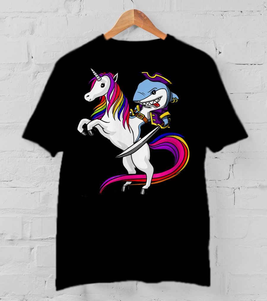 Shark Pirate Riding Rainbow Unicorn Magical Adventure T-Shirt